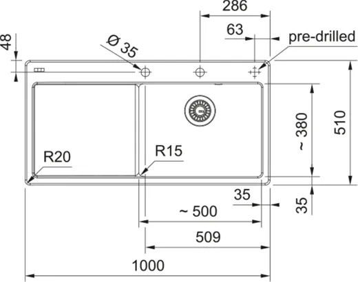 FRANKE Kchensple MythosX MYK 611-100A-Keramik Fraceram Einbausple / Keramiksple mit Siebkorb als Druckknopfventil