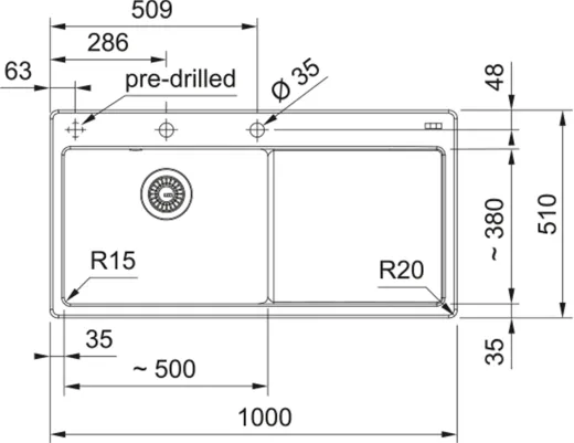 FRANKE Kchensple MythosX MYK 611-100A-Keramik Fraceram Einbausple / Keramiksple mit Siebkorb als Druckknopfventil