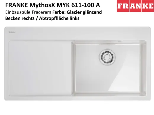 FRANKE Kchensple MythosX MYK 611-100A-Keramik Fraceram Einbausple / Keramiksple mit Siebkorb als Druckknopfventil