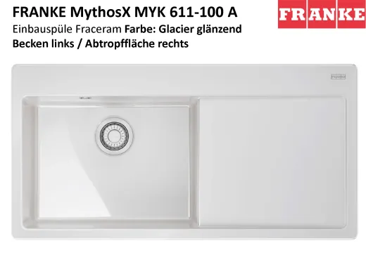 FRANKE Kchensple MythosX MYK 611-100A-Keramik Fraceram Einbausple / Keramiksple mit Siebkorb als Druckknopfventil