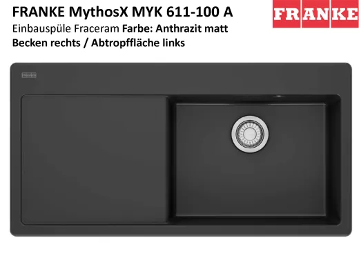 FRANKE Kchensple MythosX MYK 611-100A-Keramik Fraceram Einbausple / Keramiksple mit Siebkorb als Druckknopfventil