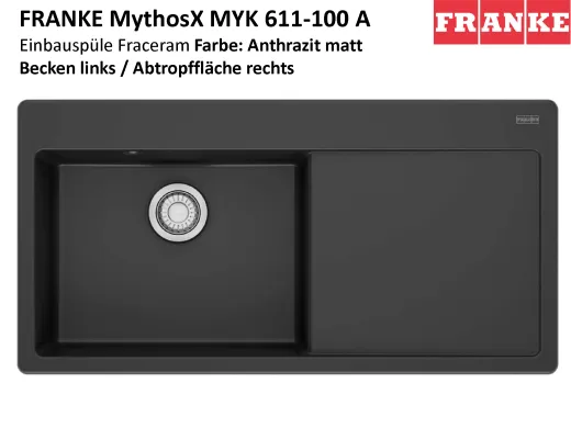 FRANKE Kchensple MythosX MYK 611-100A-Keramik Fraceram Einbausple / Keramiksple mit Siebkorb als Druckknopfventil