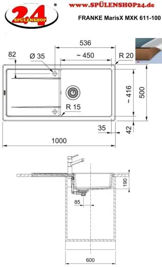 FRANKE Kchensple MarisX MXK 611-100-Keramik Fraceram Einbausple / Keramiksple mit Siebkorb als Druckknopfventil