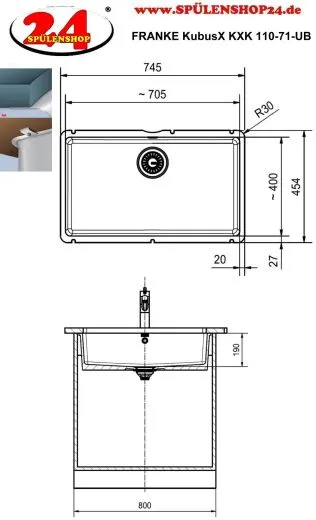 FRANKE Kchensple KubusX KXK 110-71 Keramik Fraceram Keramiksple / Unterbausple (Montage unter die APL) mit Siebkorb als Stopfenventil