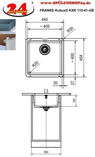 FRANKE Kchensple KubusX KXK 110-41 Keramik Fraceram Keramiksple / Unterbausple (Montage unter die APL) mit Siebkorb als Stopfenventil