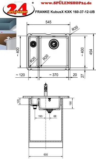 FRANKE Kchensple KubusX KXK 160-37-12 Keramik Fraceram Keramiksple / Unterbausple (Montage unter die APL) mit Siebkorb als Stopfenventil
