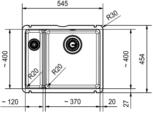 FRANKE Kchensple KubusX KXK 160-37-12 Keramik Fraceram Keramiksple / Unterbausple (Montage unter die APL) mit Siebkorb als Stopfenventil
