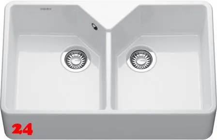 FRANKE Splstein / Splmodul Doppelbecken Belfast BFK 720-36-36 Keramik Fraceram Keramiksple mit Siebkorb als Stopfenventil