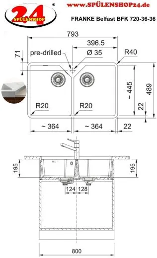 FRANKE Splstein / Splmodul Doppelbecken Belfast BFK 720-36-36 Keramik Fraceram Keramiksple mit Siebkorb als Stopfenventil