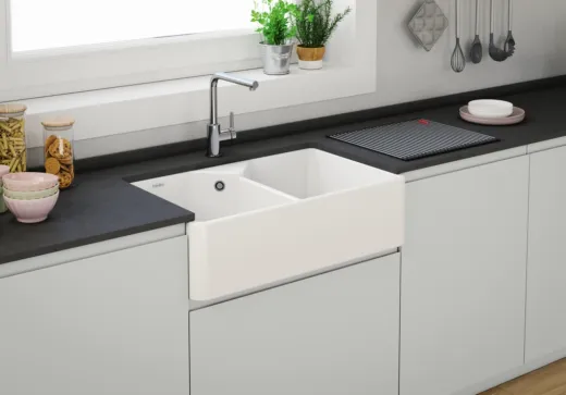 FRANKE Splstein / Splmodul Doppelbecken Belfast BFK 720-36-36 Keramik Fraceram Keramiksple mit Siebkorb als Stopfenventil