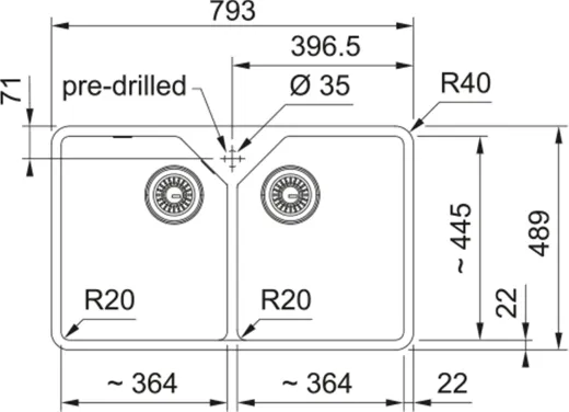 FRANKE Splstein / Splmodul Doppelbecken Belfast BFK 720-36-36 Keramik Fraceram Keramiksple mit Siebkorb als Stopfenventil