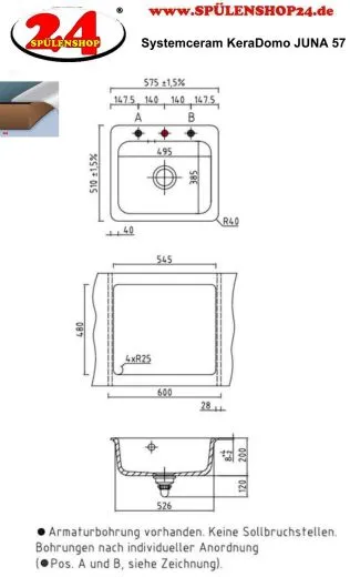 Systemceram KeraDomo JUNA 57 Premium Keramiksp�le / Einbausp�le in Sonderfarben f�r die K�che