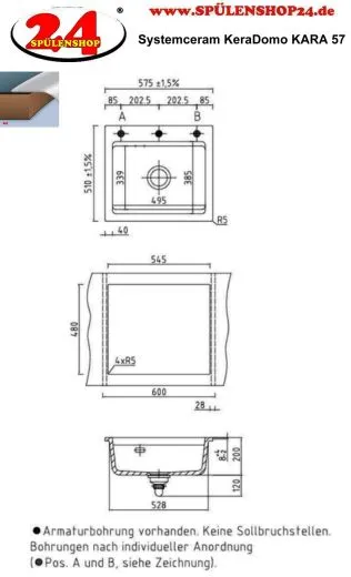 Systemceram KeraDomo KARA 57-BASIC Keramiksp�le / Einbausp�le in Standardfarben f�r die K�che