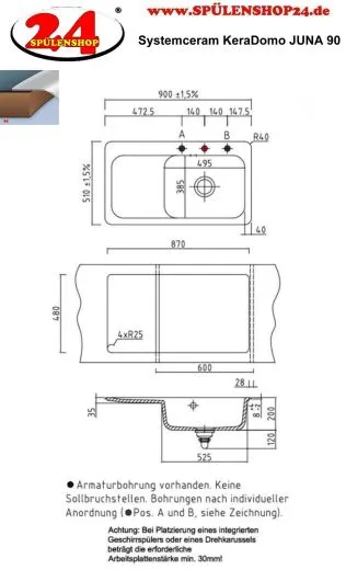 Systemceram KeraDomo JUNA 90 Premium Keramiksp�le / Einbausp�le in Sonderfarben f�r die K�che