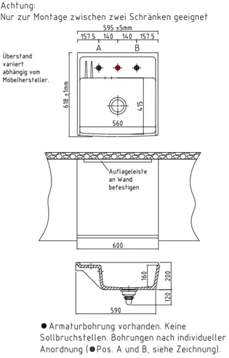 Systemceram KeraDomo KENTRO 60 BASIC Keramik Sp�lmodul / Sp�lstein in Standardfarben Arbeitsplattentiefe 600mm