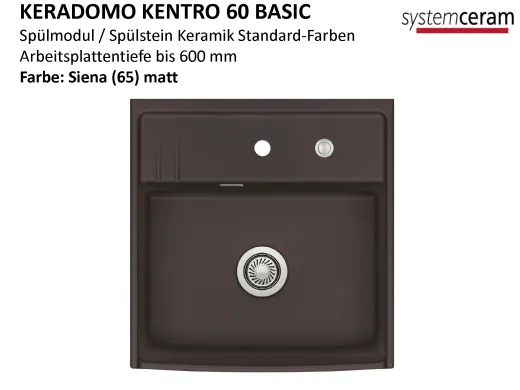 Systemceram KeraDomo KENTRO 60 BASIC Keramik Sp�lmodul / Sp�lstein in Standardfarben Arbeitsplattentiefe 600mm