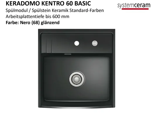 Systemceram KeraDomo KENTRO 60 BASIC Keramik Sp�lmodul / Sp�lstein in Standardfarben Arbeitsplattentiefe 600mm