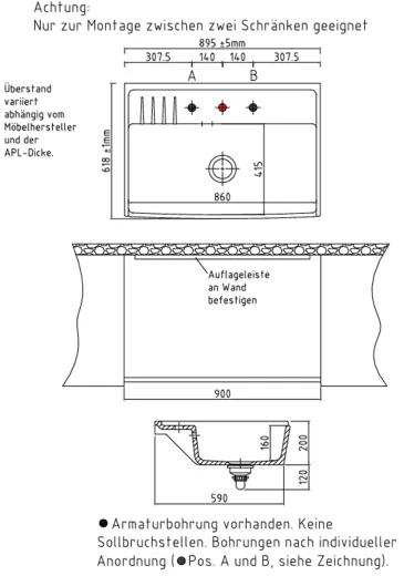 Systemceram KeraDomo KENTRO 90 PREMIUM Keramik Sp�lmodul / Sp�lstein in Sonderfarben Arbeitsplattentiefe 600mm