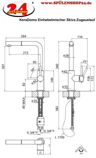 Systemceram KeraDomo K�chenarmatur Skiva Edelstahl massiv Einhebelmischer mit Zugauslauf 360� schwenkbar