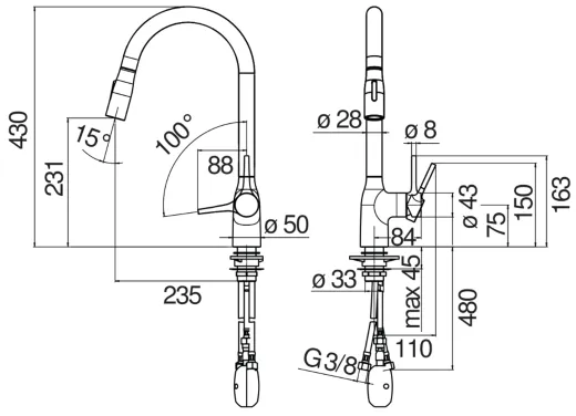Systemceram KeraDomo K�chenarmatur Mania Soft Edelstahl Finish PVD Einhebelmischer mit Ausziehauslauf mit Brausefunktion