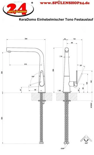Systemceram KeraDomo K�chenarmatur Tono Edelstahl Finish PVD Einhebelmischer mit Festauslauf 360� schwenkbar