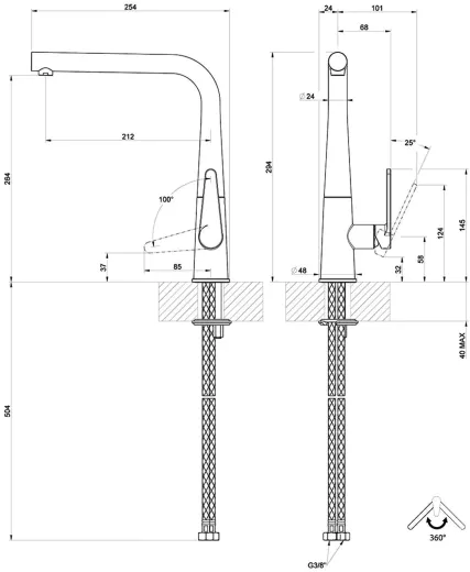 Systemceram KeraDomo K�chenarmatur Tono Schwarz PVD Einhebelmischer mit Festauslauf 360� schwenkbar