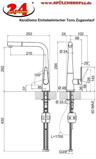 Systemceram KeraDomo K�chenarmatur Tono Edelstahl Finish PVD Einhebelmischer mit Zugauslauf 360� schwenkbar