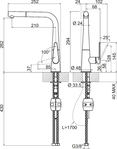 Systemceram KeraDomo K�chenarmatur Tono Edelstahl Finish PVD Einhebelmischer mit Zugauslauf 360� schwenkbar