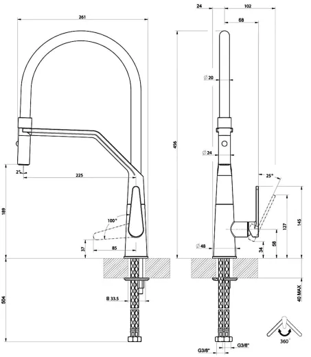 Systemceram KeraDomo K�chenarmatur Tono Pro Edelstahlfinish/Schwarz Einhebelmischer mit Pendelbrause umstellbar