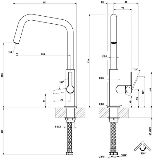 Systemceram KeraDomo K�chenarmatur Offeo Edelstahl Finish PVD Einhebelmischer mit Festauslauf 360� schwenkbar