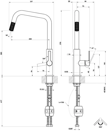 Systemceram KeraDomo K�chenarmatur Offeo Edelstahl Finish PVD Einhebelmischer mit Zugauslauf 360� schwenkbar