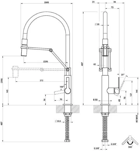 Systemceram KeraDomo K�chenarmatur Offeo Pro Schwarz/Edelstahloptik Einhebelmischer mit Pendelbrause umstellbar