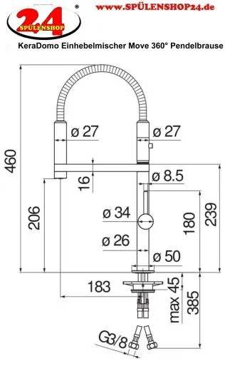 Systemceram KeraDomo K�chenarmatur Move Edelstahl Finish PVD Einhebelmischer mit Pendelbrause 360� schwenkbar in 2 Achsen