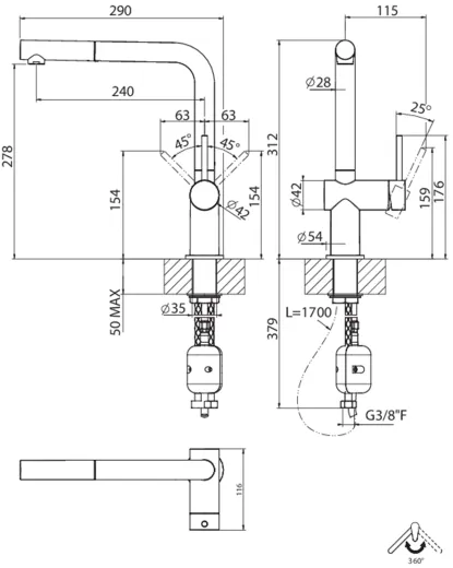 Systemceram KeraDomo K�chenarmatur Sila Kupfer PVD Einhebelmischer mit Zugauslauf 360� schwenkbar