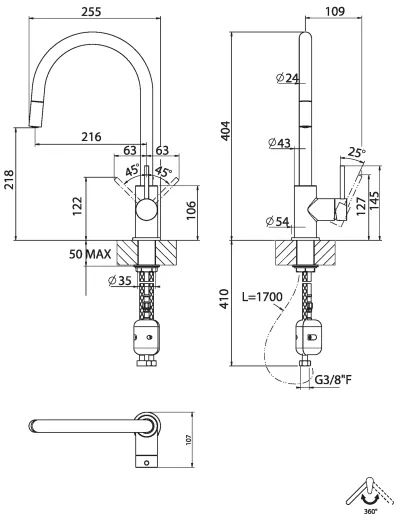 Systemceram KeraDomo K�chenarmatur Fresh Edelstahl Finish PVD Einhebelmischer mit Zugauslauf 360� schwenkbar