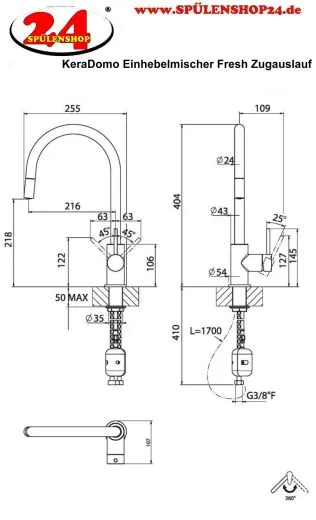 Systemceram KeraDomo K�chenarmatur Fresh Schwarz PVD Einhebelmischer mit Zugauslauf 360� schwenkbar