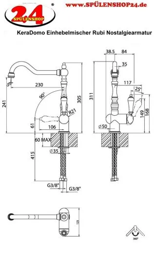 Systemceram KeraDomo K�chenarmatur Rubi Chrom Einhebelmischer mit Festauslauf 360� schwenkbar Nostalgieoptik