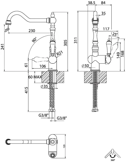 Systemceram KeraDomo K�chenarmatur Rubi Edelstahl Finish PVD Einhebelmischer mit Festauslauf 360� schwenkbar Nostalgieoptik