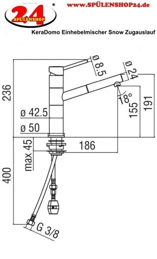 Systemceram KeraDomo K�chenarmatur Snow Edelstahl Finish PVD Einhebelmischer mit Zugauslauf 360� schwenkbar