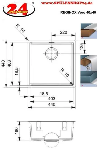 REGINOX Edelstahlsp�le Vero 40x40 (L) OKG Einbausp�le Edelstahl 3 in 1 (Einbau, Unterbau, Fl�chenb�ndig) Siebkorb als Stopfenventil