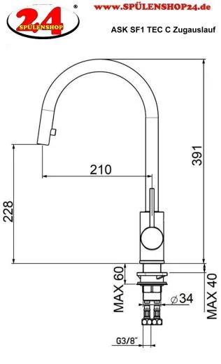 AQUA CUCINA� K�chenarmatur SF1 TEC 50006-S Einhebelmischer Mattschwarz mit Zugauslauf schwenkbar