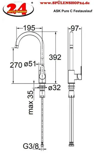 AQUA CUCINA� K�chenarmatur Pure 53820-E Einhebelmischer Edelstahl massiv mit C-Festauslauf schwenkbar