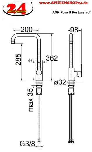 AQUA CUCINA� K�chenarmatur Pure 53821-E Einhebelmischer Edelstahl massiv mit U-Festauslauf schwenkbar