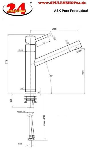 AQUA CUCINA� K�chenarmatur Pure 53828-E Einhebelmischer Edelstahl massiv mit Festauslauf schwenkbar