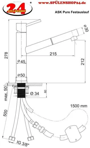 AQUA CUCINA� K�chenarmatur Pure 53838-E Einhebelmischer Edelstahl massiv mit Zugauslauf schwenkbar