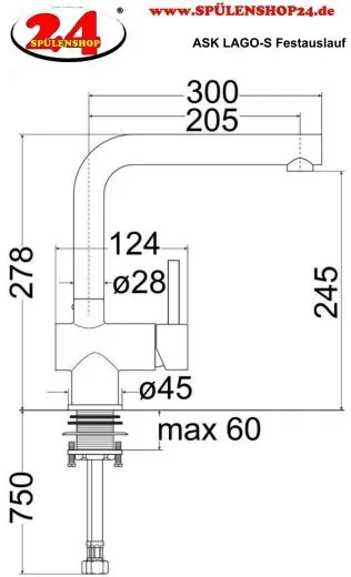 AQUA CUCINA� K�chenarmatur LAGO-S 45004-E Einhebelmischer Edelstahl massiv mit L-Festauslauf schwenkbar
