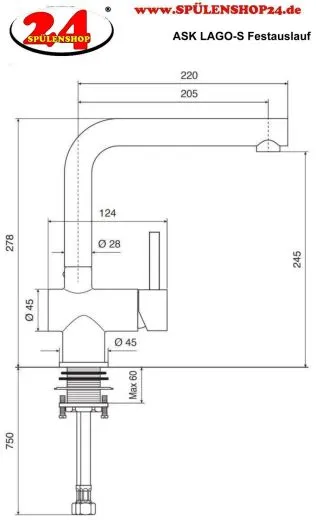AQUA CUCINA� K�chenarmatur LAGO-S 45006-E Einhebelmischer Edelstahl massiv mit L-Festauslauf schwenkbar