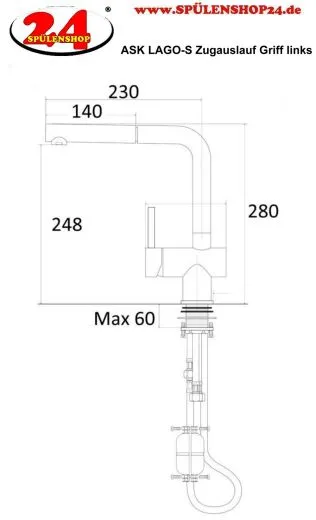 AQUA CUCINA� K�chenarmatur LAGO-S 45008-E Einhebelmischer Edelstahl massiv mit Zugauslauf schwenkbar Griff links