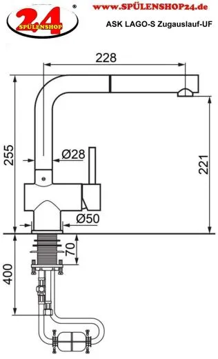 AQUA CUCINA� K�chenarmatur LAGO-S 45009-E Einhebelmischer Edelstahl massiv mit Zugauslauf f�r Vorfenstermontage