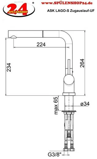 AQUA CUCINA� K�chenarmatur LAGO-S 45009-ESO Einhebelmischer Steelfinish PVD mit Zugauslauf f�r Vorfenstermontage